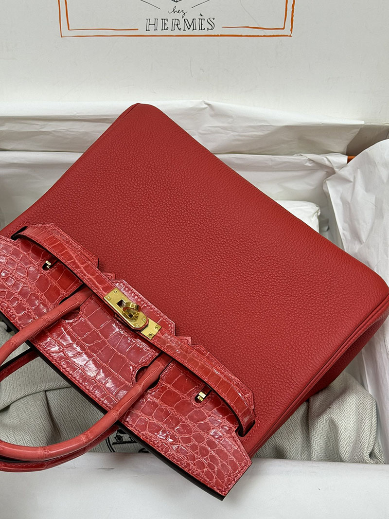 人気色 H品 エルメス バーキン25 タッチ ルージュカザック トゴ/クロコダイル ニロティカスマット ゴールド金具 2517864 エルメスバーキン風バッグ - 画像 (8)