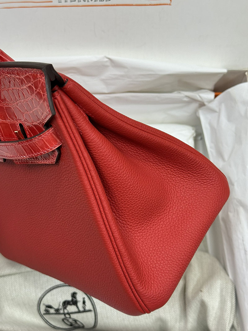 人気色 H品 エルメス バーキン25 タッチ ルージュカザック トゴ/クロコダイル ニロティカスマット ゴールド金具 2517864 エルメスバーキン風バッグ - 画像 (7)