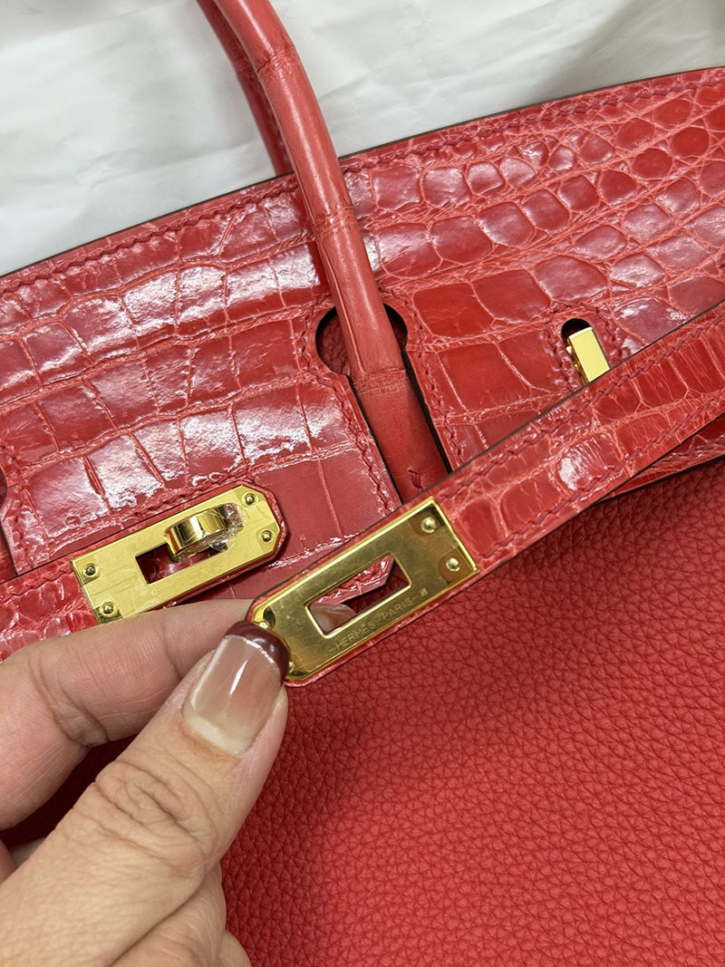 人気色 H品 エルメス バーキン25 タッチ ルージュカザック トゴ/クロコダイル ニロティカスマット ゴールド金具 2517864 エルメスバーキン風バッグ - 画像 (5)