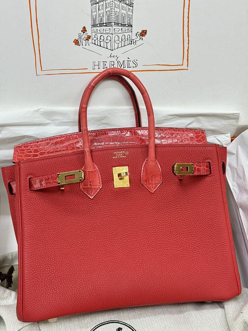 人気色 H品 エルメス バーキン25 タッチ ルージュカザック トゴ/クロコダイル ニロティカスマット ゴールド金具 2517864 エルメスバーキン風バッグ - 画像 (4)
