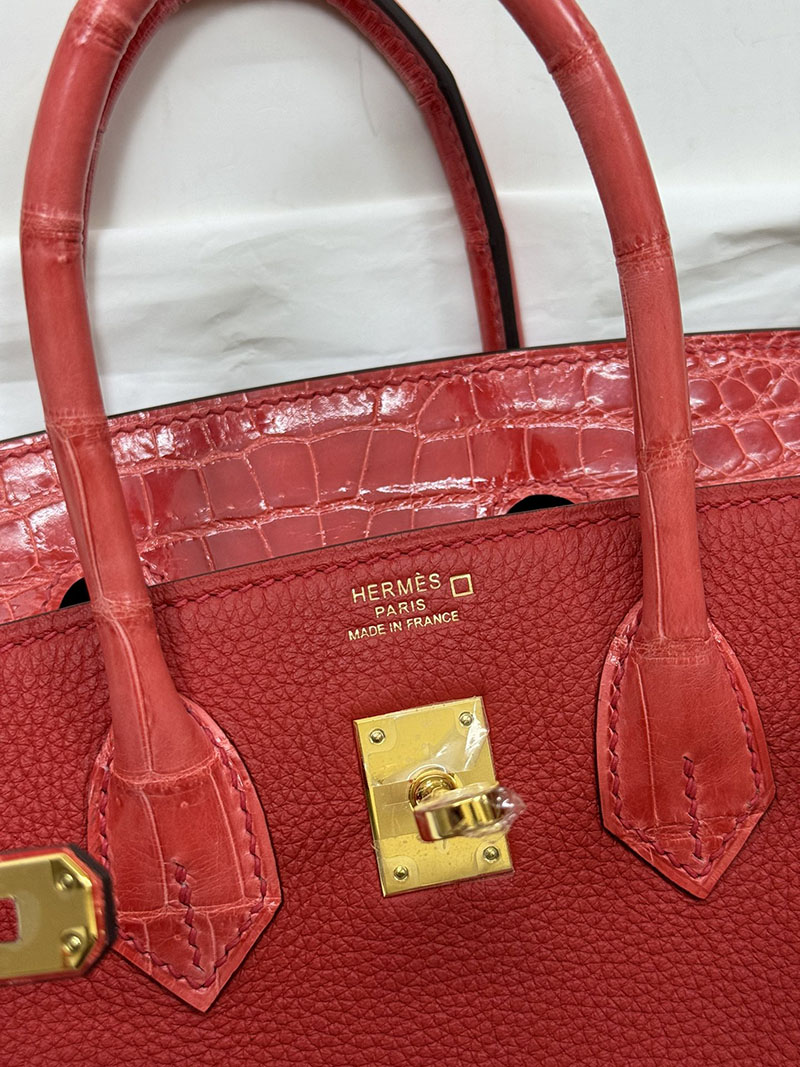 人気色 H品 エルメス バーキン25 タッチ ルージュカザック トゴ/クロコダイル ニロティカスマット ゴールド金具 2517864 エルメスバーキン風バッグ - 画像 (3)