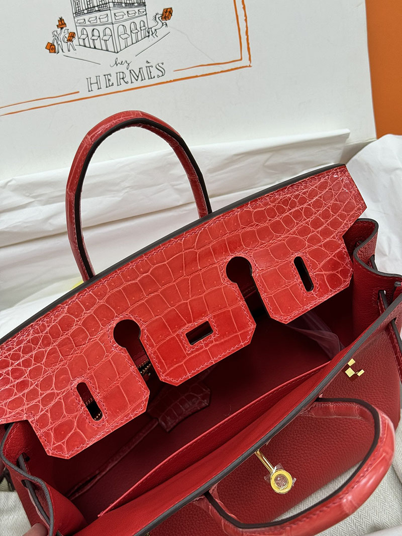 人気色 H品 エルメス バーキン25 タッチ ルージュカザック トゴ/クロコダイル ニロティカスマット ゴールド金具 2517864 エルメスバーキン風バッグ - 画像 (2)