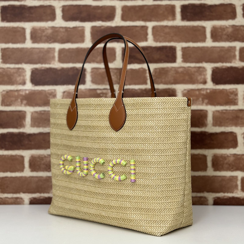 グッチ バッグ 人気 GUCCI ミディアム ストロー エフェクト トートバッグ 779666 FAC42 9561 ナチュラル グッチ トートバッグ アウトレット - 画像 (6)