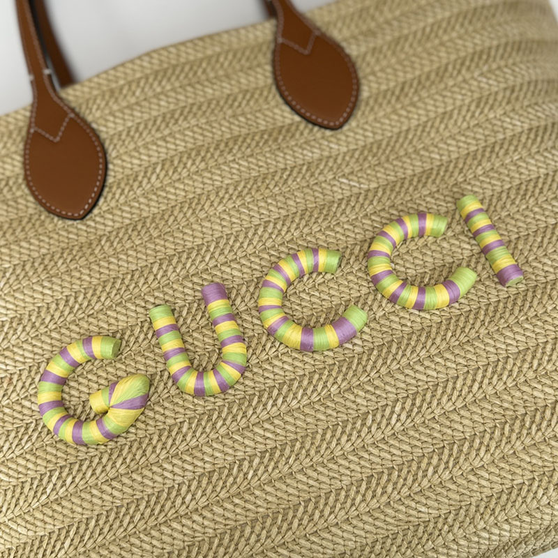 グッチ バッグ 人気 GUCCI ミディアム ストロー エフェクト トートバッグ 779666 FAC42 9561 ナチュラル グッチ トートバッグ アウトレット - 画像 (3)