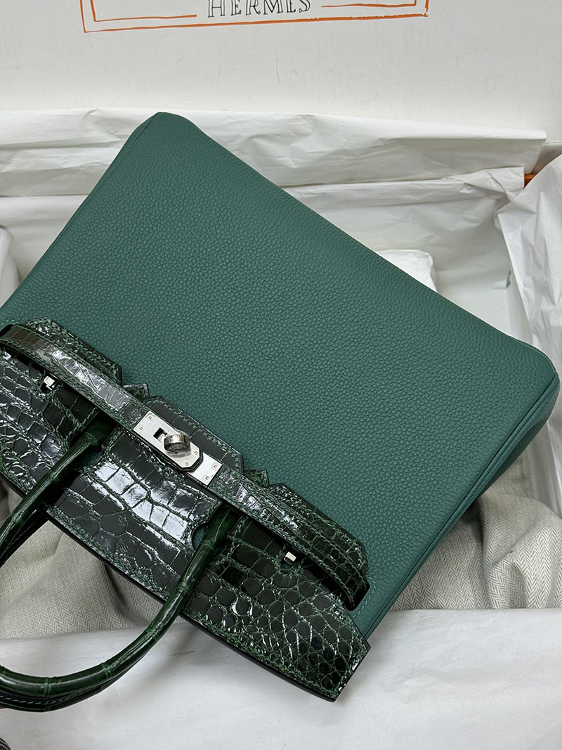 人気色 H品 エルメス バーキン25 タッチ ヴェールフォンセ トゴ/クロコダイル ニロティカスマット シルバー金具 2517866 エルメスバーキンタッチ - 画像 (9)
