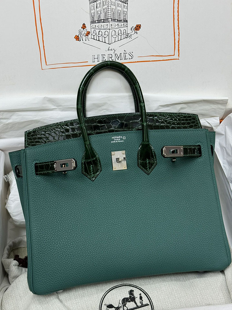 人気色 H品 エルメス バーキン25 タッチ ヴェールフォンセ トゴ/クロコダイル ニロティカスマット シルバー金具 2517866 エルメスバーキンタッチ - 画像 (5)