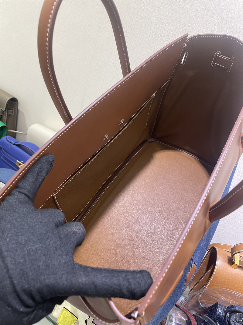 並行輸入品 エルメス バーキン35 シャドー ゴールド エヴァーカーフ/トワルアッシュ シルバー金具 2517933 バーキン シャドウ 35 - 画像 (2)