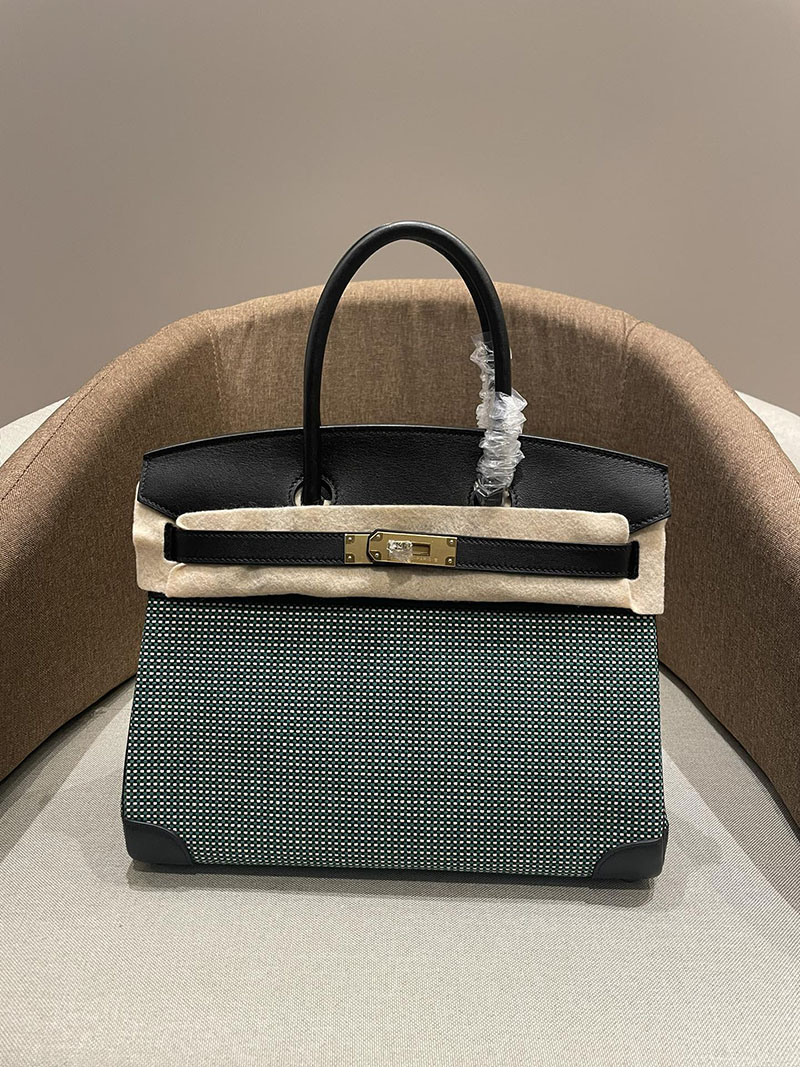 HERMES エルメス バーキン25 クロ×シロ×ミント×クロ トワルキャドリーユ×スイフト ゴールド金具 2520783 バーキン風バッグ - 画像 (9)