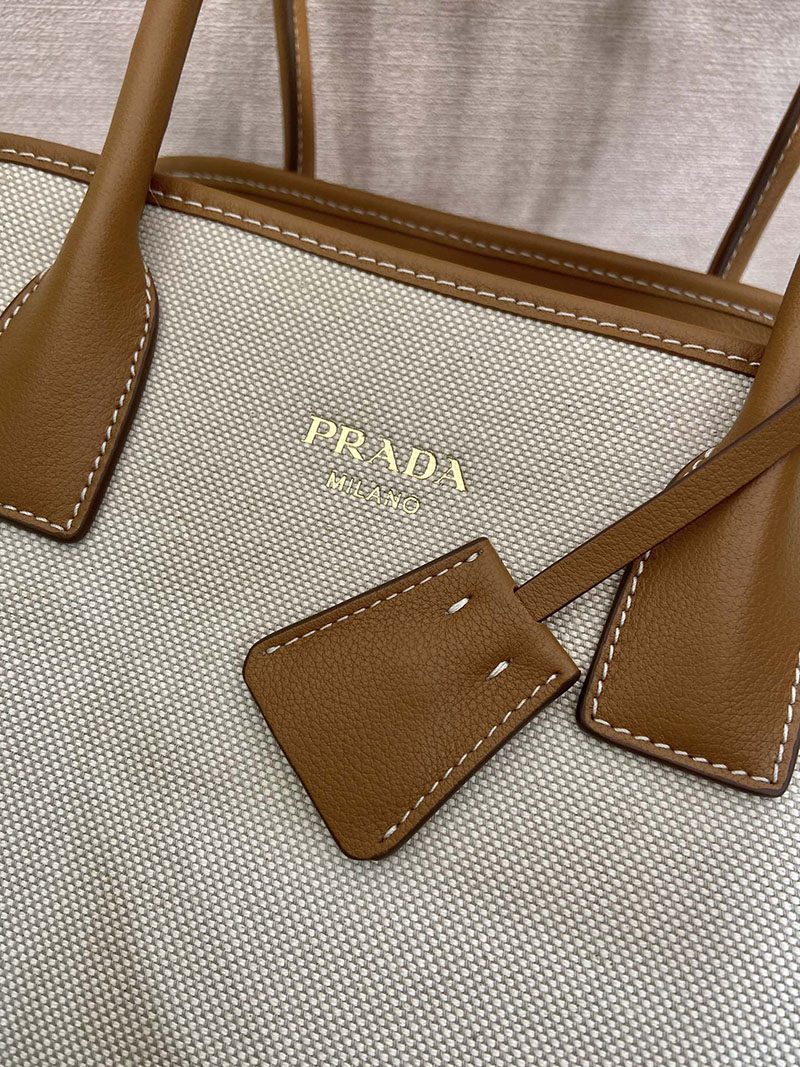 プラダ アウトレット PRADA リネン レザー トートバッグ 1BG572_2HJA_F0KFZ_V_OOZ タン/キャメル コットンリネン レディース プラダ トートバッグ - 画像 (3)
