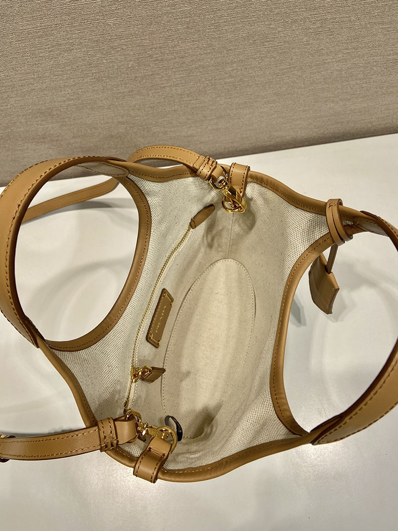 プラダ アウトレット PRADA リネン混コットンキャンバス×レザー 1BE074_2DLI_F0018_V_OAH ナチュラル H品 プラダ バッグ アウトレット店舗 - 画像 (3)