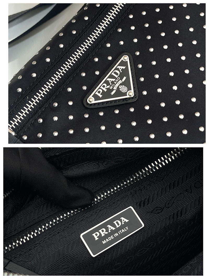 プラダ アウトレット PRADA サイドフラップポケット スタッズ付 Re-Nylon バッグ 1BC236_2HGV_F0002_V_OOO ブラック H品 プラダ ホーボーバッグ - 画像 (2)