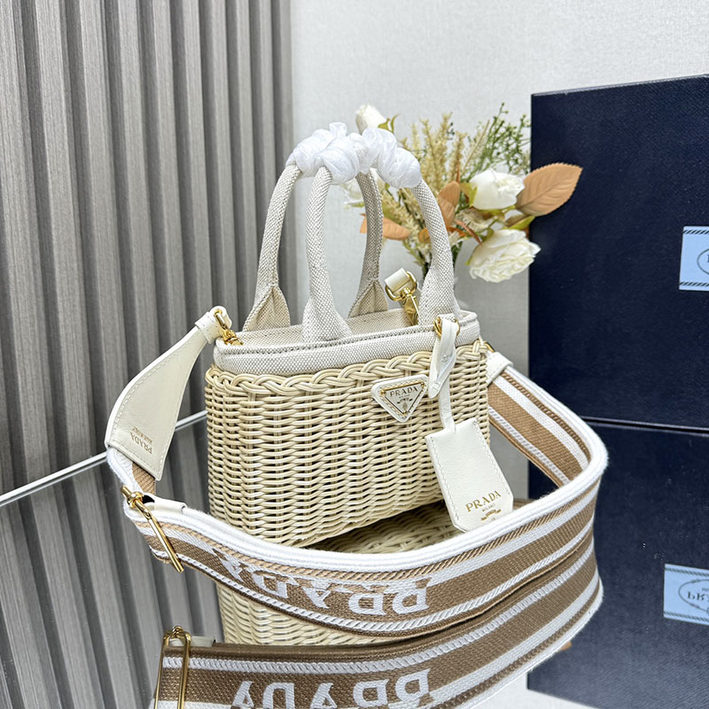 プラダ アウトレット PRADA ミニ ウィッカーxリネン混紡 トートバッグ 1BG469_2CYG_F0009_V_7VO ホワイト H品 プラダ トートバッグ 人気 - 画像 (9)