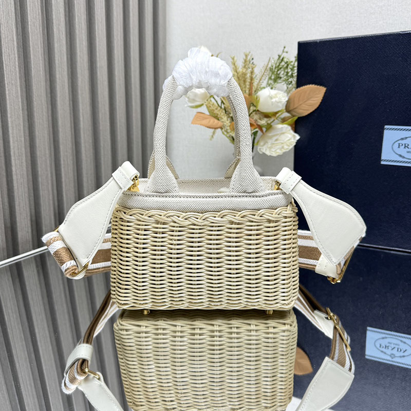 プラダ アウトレット PRADA ミニ ウィッカーxリネン混紡 トートバッグ 1BG469_2CYG_F0009_V_7VO ホワイト H品 プラダ トートバッグ 人気 - 画像 (7)