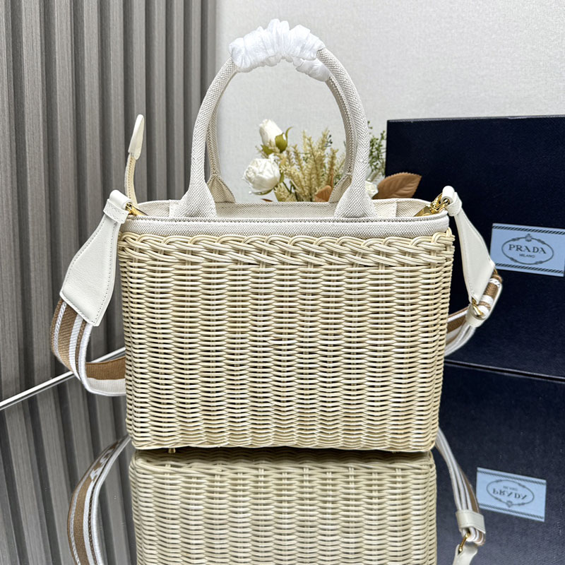 プラダ アウトレット PRADA Medium woven fabric and linen トートバッグ 1BG835_2CYG_F0009_V_7VO ホワイト H品 プラダ トートバッグ 人気 - 画像 (9)