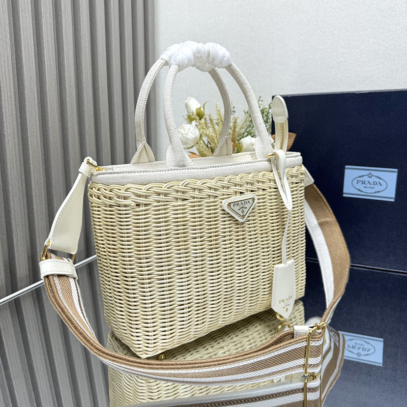 プラダ アウトレット PRADA Medium woven fabric and linen トートバッグ 1BG835_2CYG_F0009_V_7VO ホワイト H品 プラダ トートバッグ 人気 - 画像 (8)