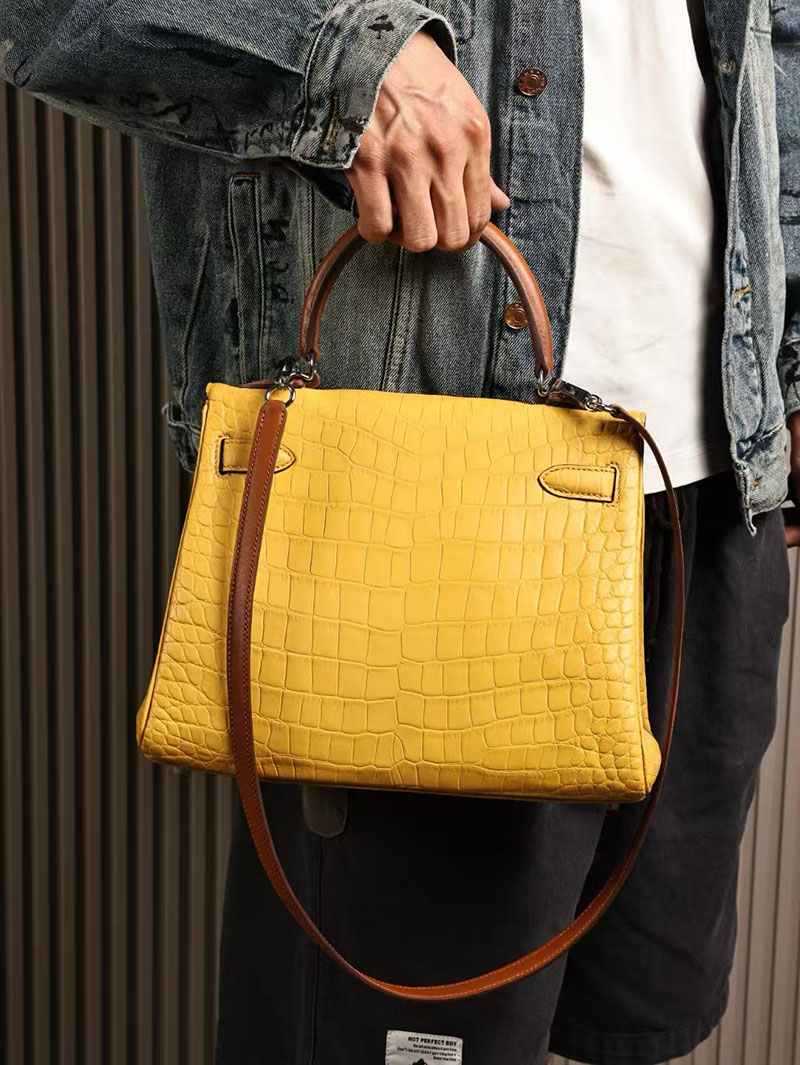 エルメスコピー HERMES ケリー28 内縫い ジョーヌナプル/ゴールド クロコダイル アリゲーターマット/バレニア シルバー金具 2524009 - 画像 (6)