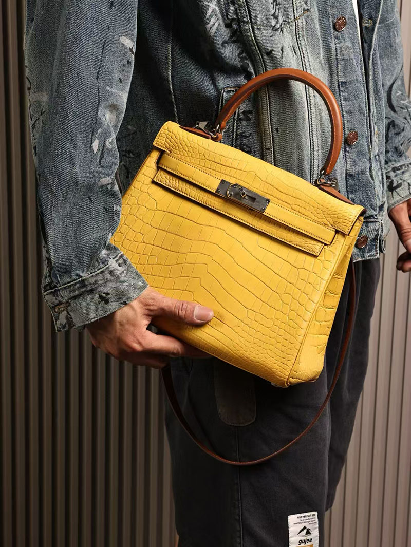 エルメスコピー HERMES ケリー28 内縫い ジョーヌナプル/ゴールド クロコダイル アリゲーターマット/バレニア シルバー金具 2524009 - 画像 (5)