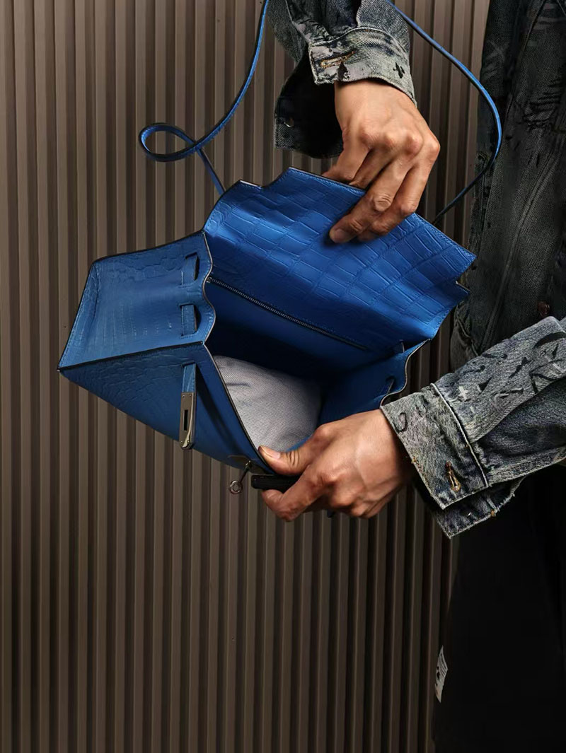 エルメスコピー HERMES ケリー28 外縫い ブルーイドラ クロコダイル アリゲーターマット シルバー金具 2524010 - 画像 (6)