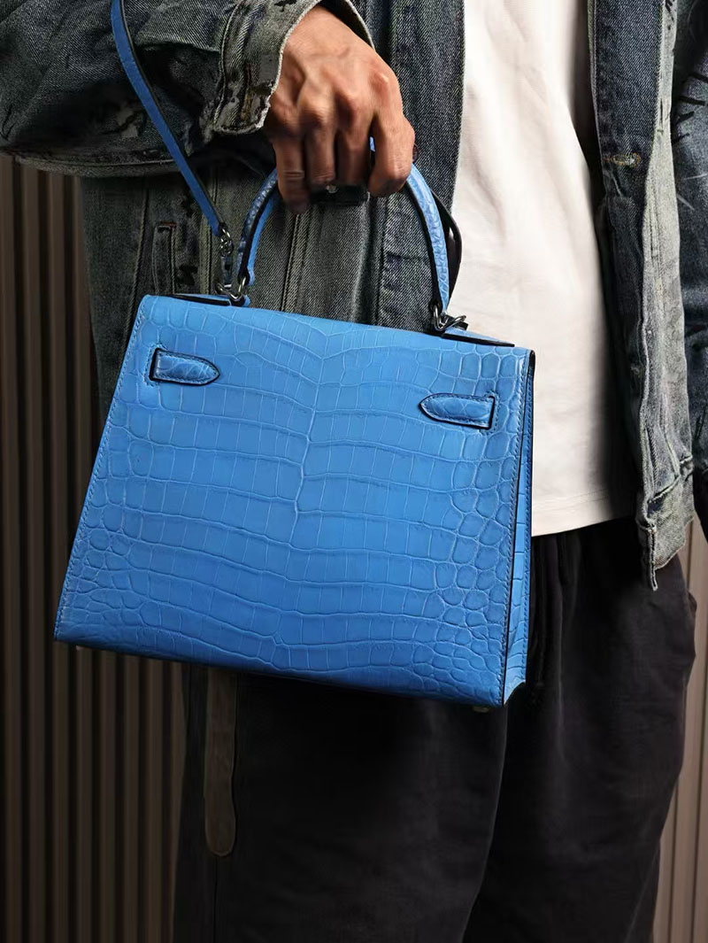 エルメスコピー HERMES ケリー28 外縫い ブルーイドラ クロコダイル アリゲーターマット シルバー金具 2524010 - 画像 (4)