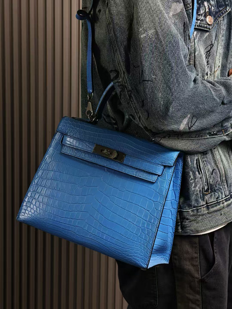 エルメスコピー HERMES ケリー28 外縫い ブルーイドラ クロコダイル アリゲーターマット シルバー金具 2524010 - 画像 (3)