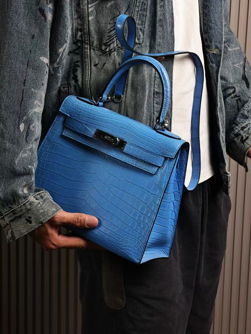 エルメスコピー HERMES ケリー28 外縫い ブルーイドラ クロコダイル アリゲーターマット シルバー金具 2524010 - 画像 (2)