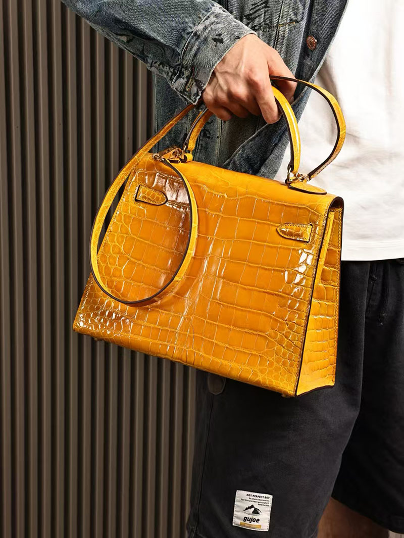 エルメスコピー HERMES ケリー28 外縫い ジョーヌアンブル クロコダイル アリゲーターマット ゴールド金具 2524011 - 画像 (6)