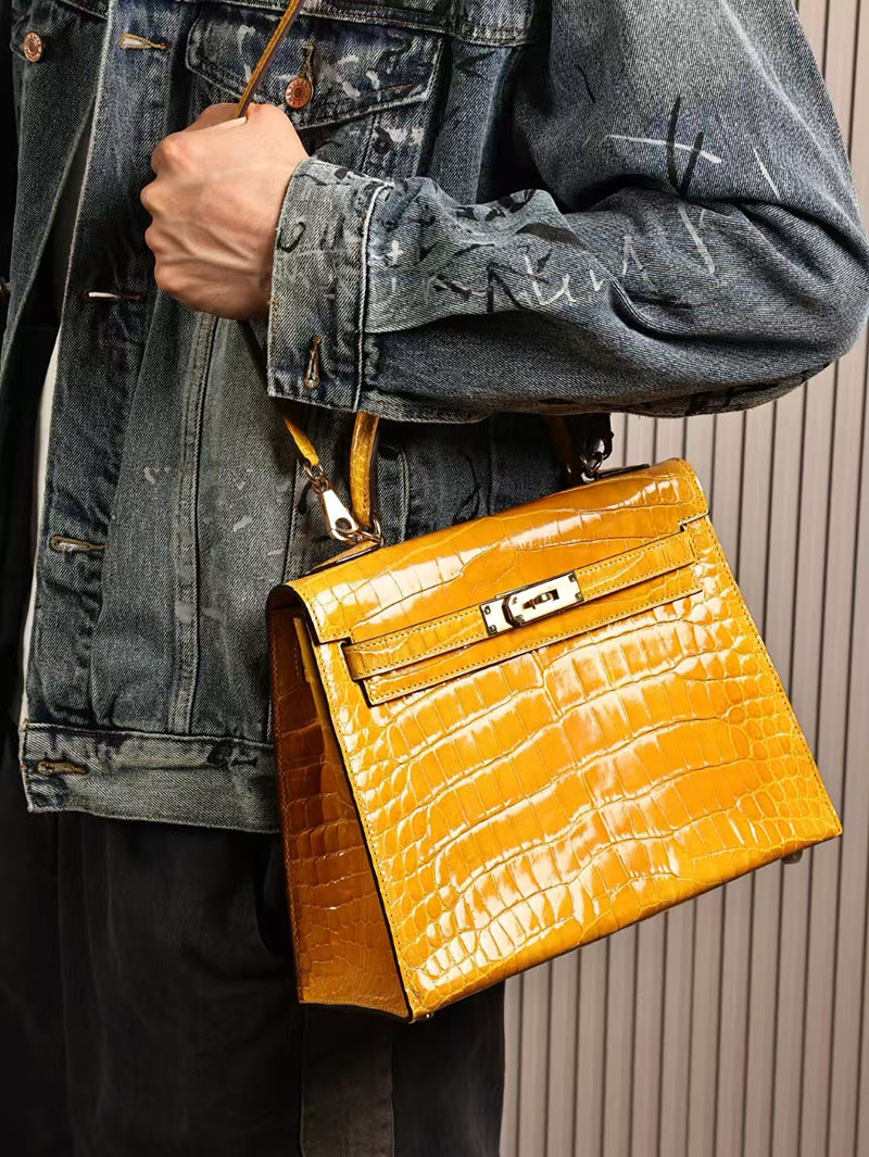 エルメスコピー HERMES ケリー28 外縫い ジョーヌアンブル クロコダイル アリゲーターマット ゴールド金具 2524011 - 画像 (5)