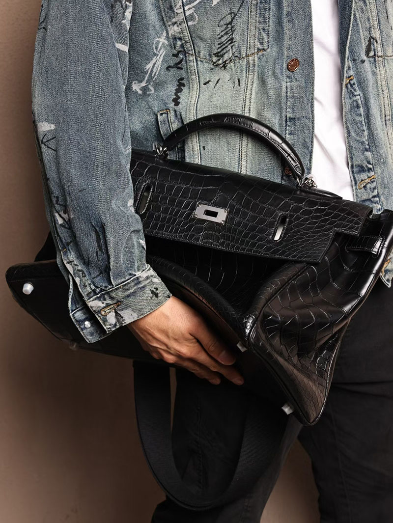 エルメス メンズバッグ 新作 HERMES マキシケリー 42cm 内縫い 黒 ブラック クロコダイル ニロティカスマット シルバー金具 2524041 - 画像 (6)