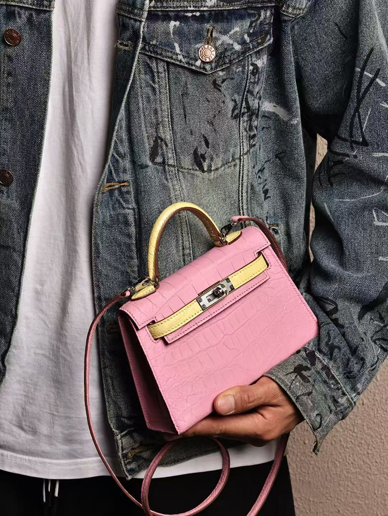 エルメスコピー ミニケリー 定価 HERMES ケリーミニ2 外縫い ローズサクラ/ライム クロコダイル ポロサスマット シルバー金具 2524048 - 画像 (8)