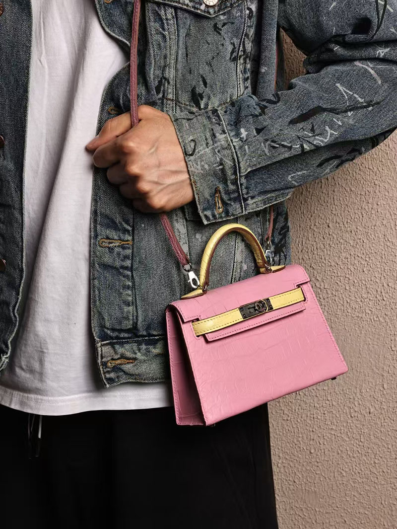 エルメスコピー ミニケリー 定価 HERMES ケリーミニ2 外縫い ローズサクラ/ライム クロコダイル ポロサスマット シルバー金具 2524048 - 画像 (7)