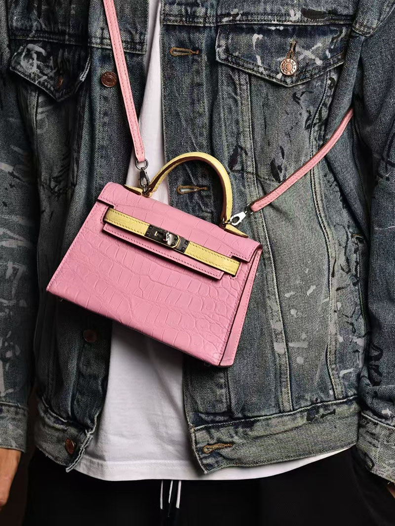 エルメスコピー ミニケリー 定価 HERMES ケリーミニ2 外縫い ローズサクラ/ライム クロコダイル ポロサスマット シルバー金具 2524048 - 画像 (6)