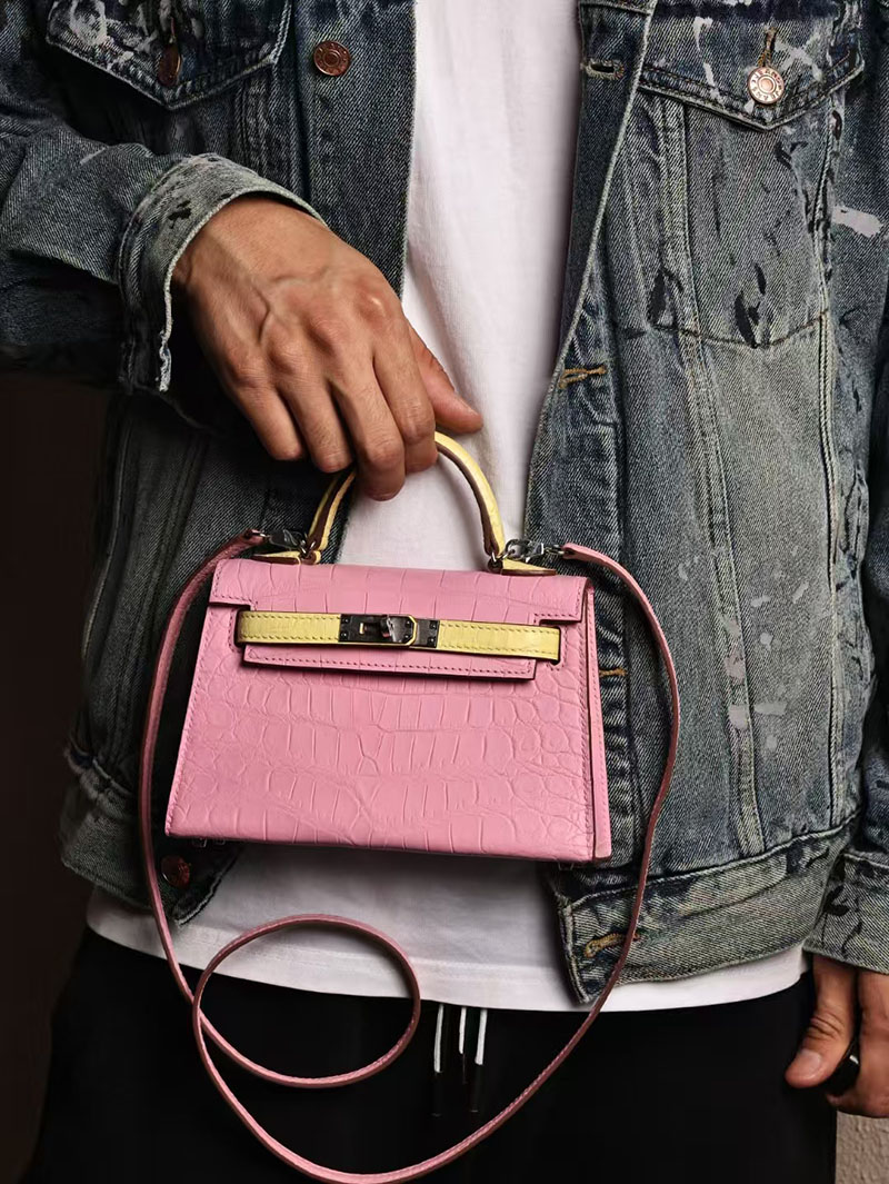エルメスコピー ミニケリー 定価 HERMES ケリーミニ2 外縫い ローズサクラ/ライム クロコダイル ポロサスマット シルバー金具 2524048 - 画像 (5)