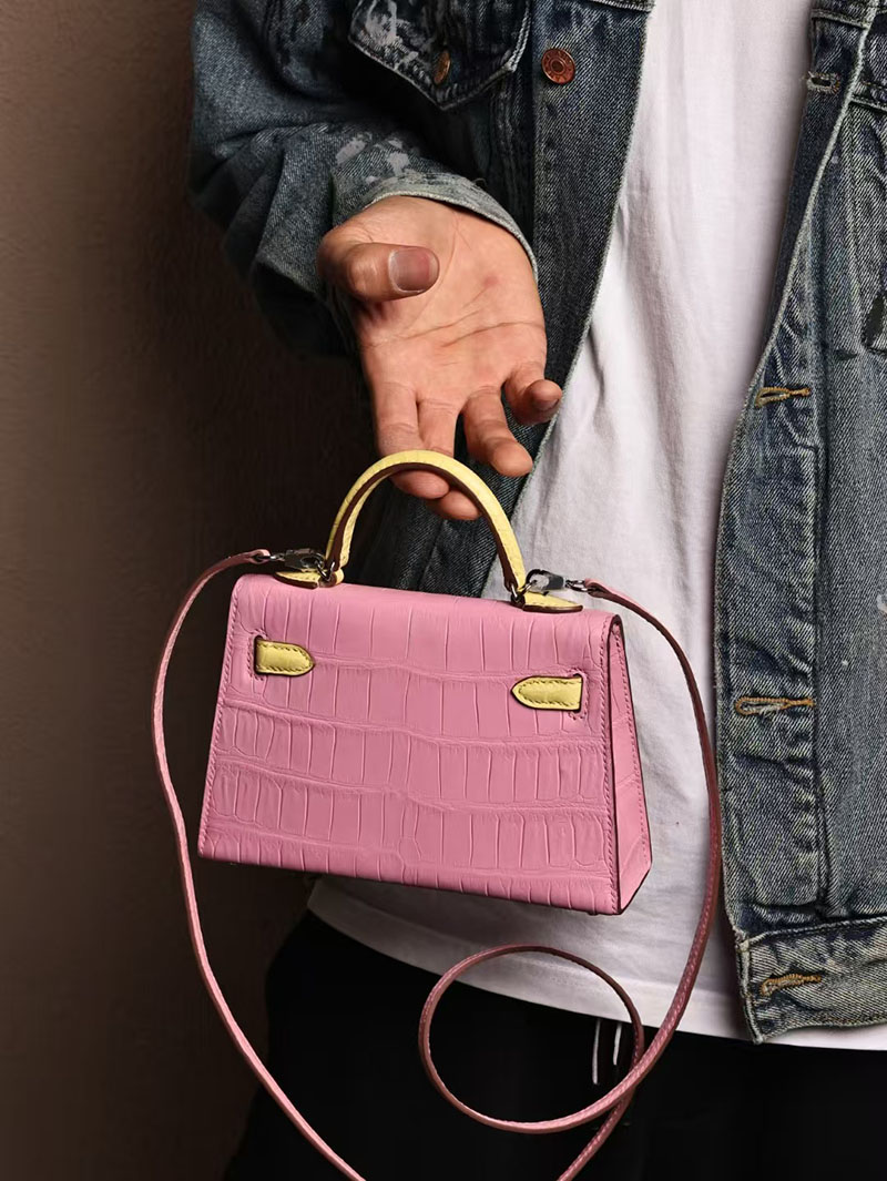 エルメスコピー ミニケリー 定価 HERMES ケリーミニ2 外縫い ローズサクラ/ライム クロコダイル ポロサスマット シルバー金具 2524048 - 画像 (4)