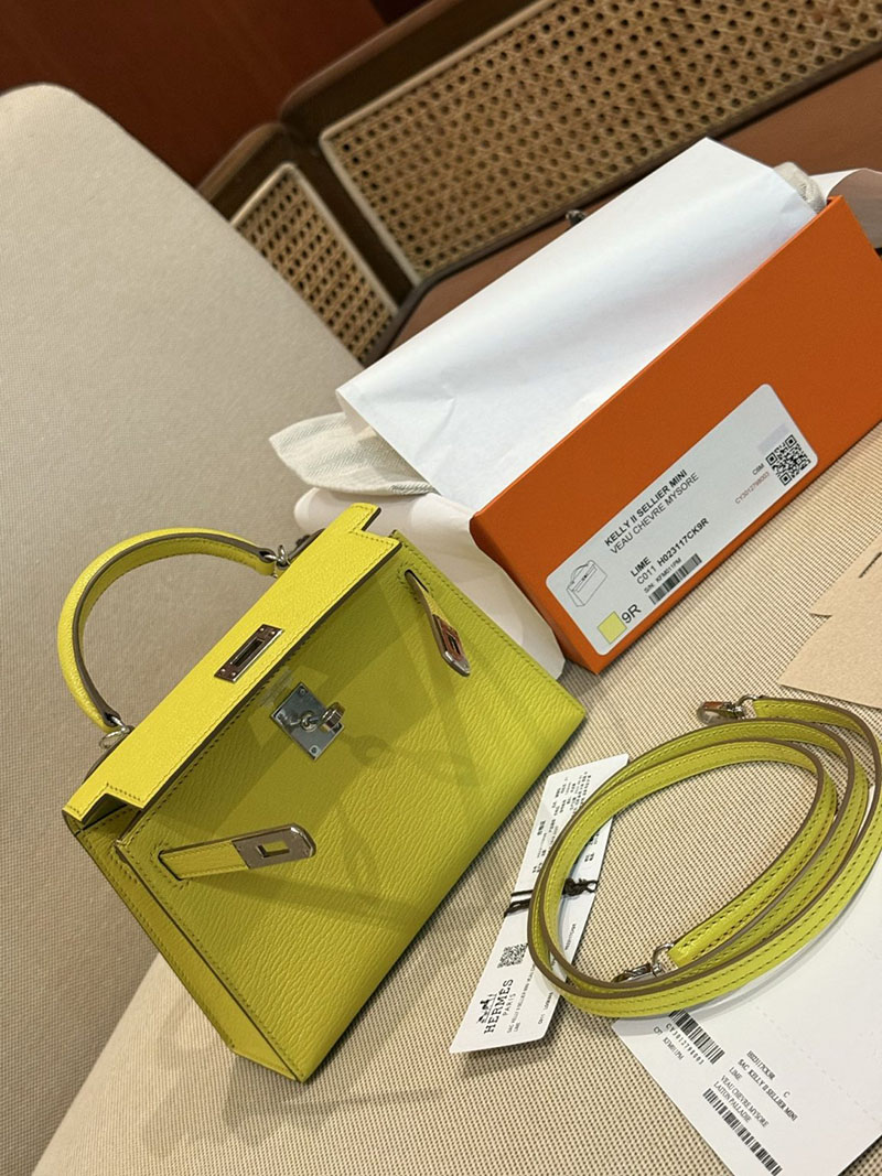 エルメスコピー ミニケリー 定価 HERMES ケリーミニ2 外縫い ライム シェブルミゾル シルバー金具 2524061 - 画像 (5)