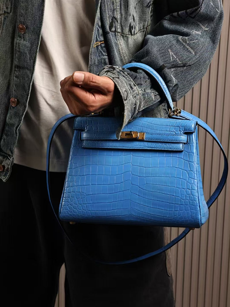 エルメスコピー ケリー25 定価 HERMES ケリー25 内縫い ブルーイドラ クロコダイル ニロティカスマット ゴールド金具 2524066 - 画像 (6)