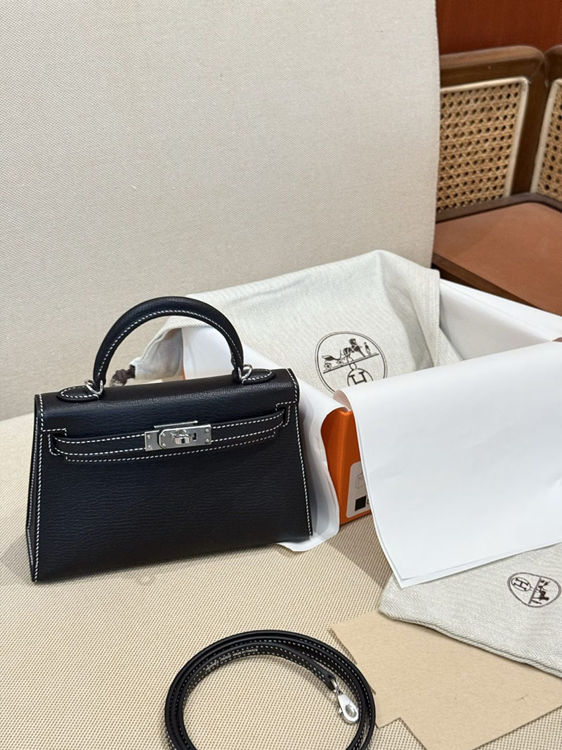 エルメスコピー ミニケリー 定価 HERMES ケリーミニ2 外縫い 黒 ブラック シェブルミゾル シルバー金具 2524104 - 画像 (8)