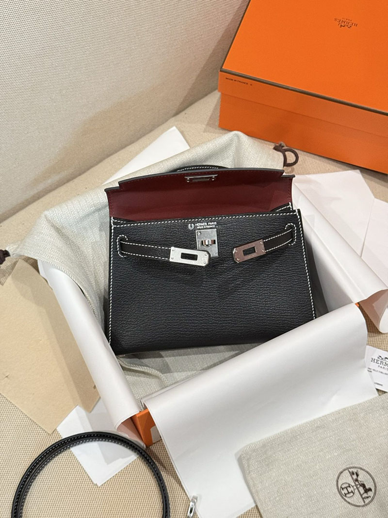 エルメスコピー ミニケリー 定価 HERMES ケリーミニ2 外縫い 黒 ブラック シェブルミゾル シルバー金具 2524104 - 画像 (13)
