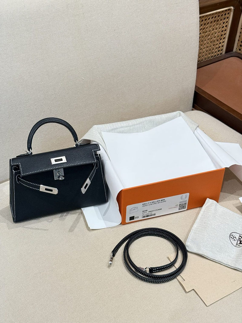 エルメスコピー ミニケリー 定価 HERMES ケリーミニ2 外縫い 黒 ブラック シェブルミゾル シルバー金具 2524104 - 画像 (11)