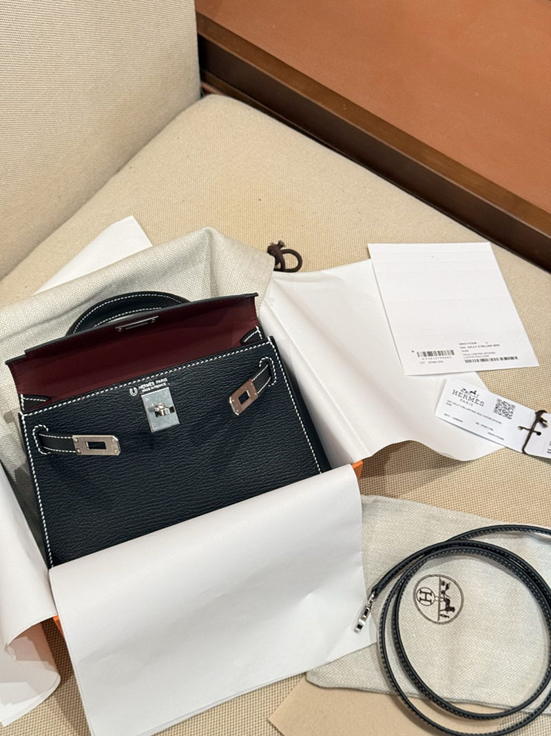 エルメスコピー ミニケリー 定価 HERMES ケリーミニ2 外縫い 黒 ブラック シェブルミゾル シルバー金具 2524104 - 画像 (10)