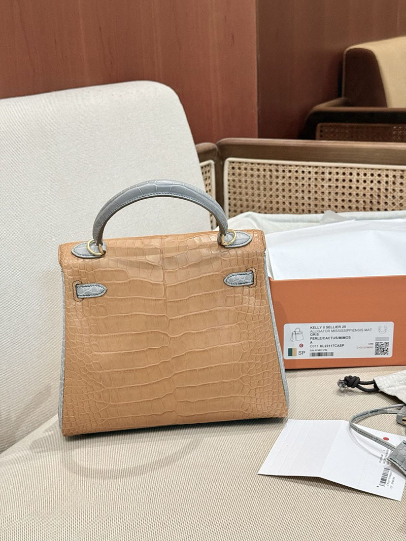 エルメスコピー HERMES ケリー25 内縫い グリアスファルト/カクタス/ミモザ クロコダイル アリゲーターマット ゴールド金具 2524123 - 画像 (20)