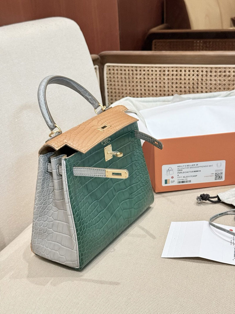 エルメスコピー HERMES ケリー25 内縫い グリアスファルト/カクタス/ミモザ クロコダイル アリゲーターマット ゴールド金具 2524123 - 画像 (17)