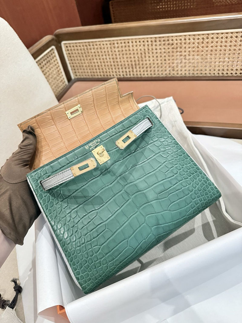 エルメスコピー HERMES ケリー25 内縫い グリアスファルト/カクタス/ミモザ クロコダイル アリゲーターマット ゴールド金具 2524123 - 画像 (6)
