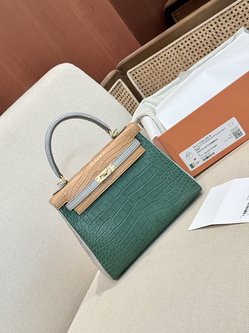 エルメスコピー HERMES ケリー25 内縫い グリアスファルト/カクタス/ミモザ クロコダイル アリゲーターマット ゴールド金具 2524123 - 画像 (28)