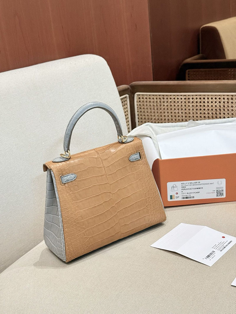 エルメスコピー HERMES ケリー25 内縫い グリアスファルト/カクタス/ミモザ クロコダイル アリゲーターマット ゴールド金具 2524123 - 画像 (23)