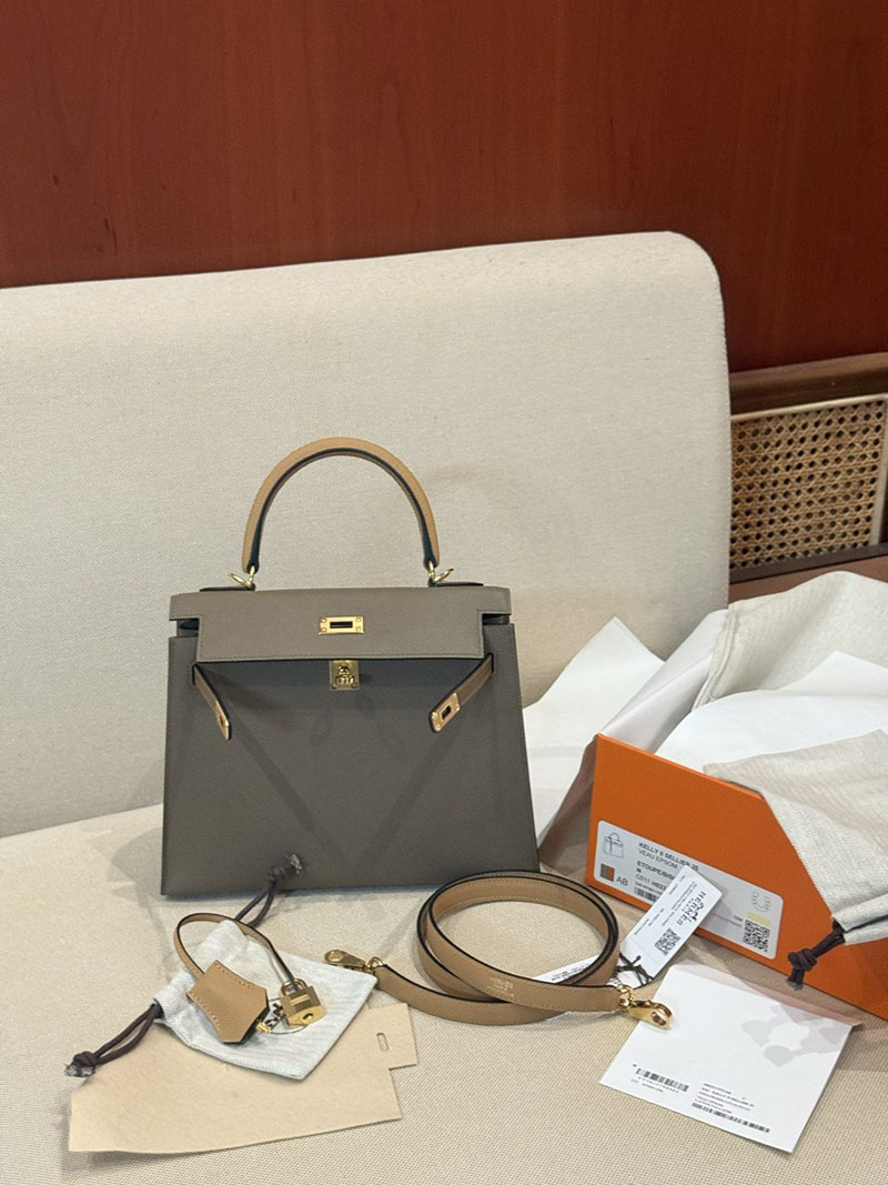 エルメスケリーバッグ定価 HERMES ケリー25 外縫い エトゥープ/ビスキュイ/アルザン ヴォーエプソン ゴールド金具 2524160 - 画像 (14)