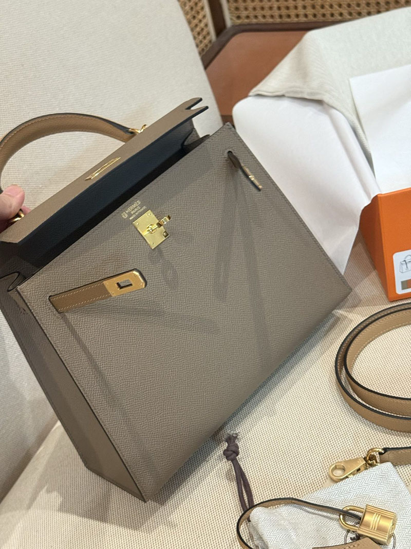 エルメスケリーバッグ定価 HERMES ケリー25 外縫い エトゥープ/ビスキュイ/アルザン ヴォーエプソン ゴールド金具 2524160 - 画像 (11)