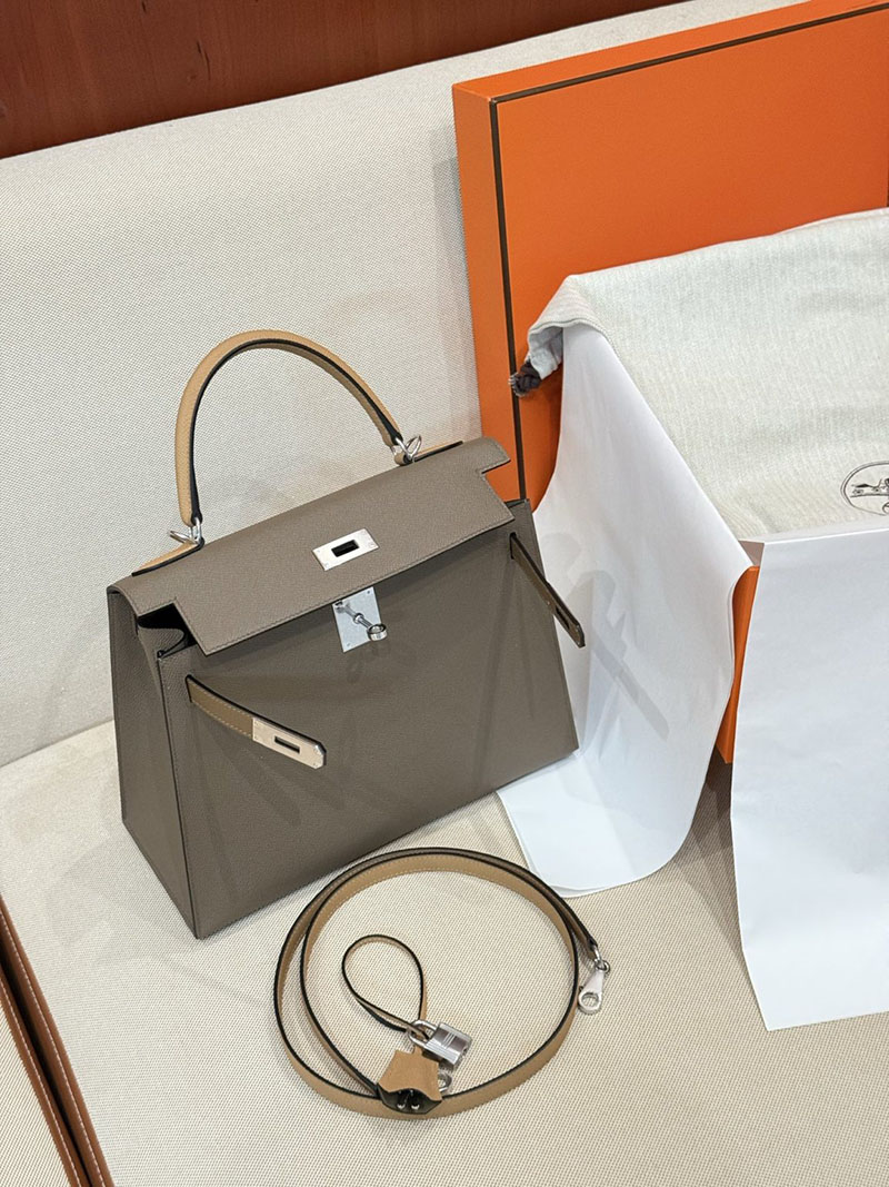 エルメスケリーバッグ定価 HERMES ケリー28 外縫い エトゥープ/ビスキュイ/アルザン ヴォーエプソン シルバー金具 2524172 - 画像 (5)