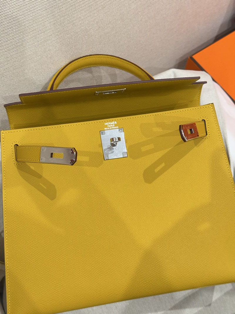 エルメスケリーバッグ定価 HERMES ケリー28 外縫い ジョーヌアンブル ヴォーエプソン シルバー金具 2524182 - 画像 (7)