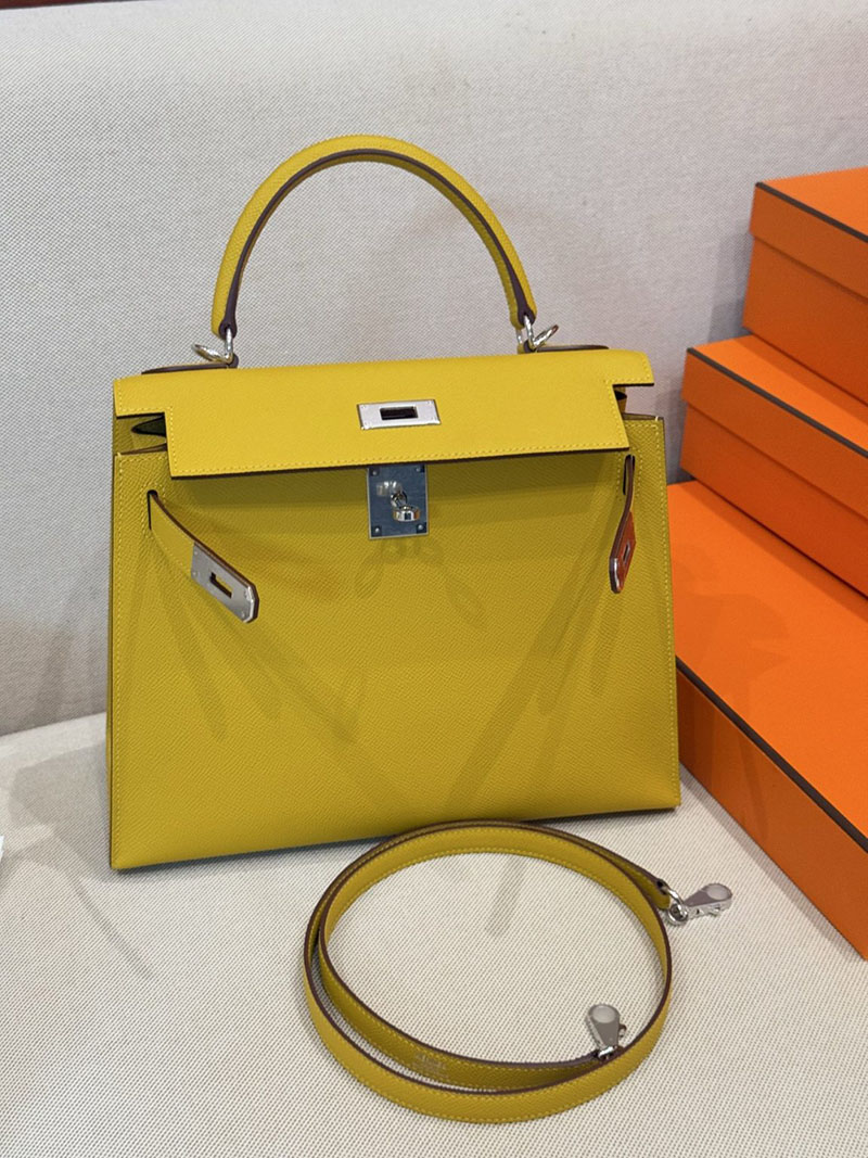 エルメスケリーバッグ定価 HERMES ケリー28 外縫い ジョーヌアンブル ヴォーエプソン シルバー金具 2524182 - 画像 (13)