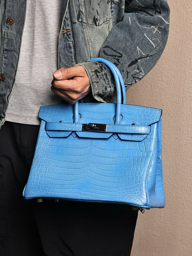エルメスコピー バーキン30 ポロサス HERMES バーキン30 ブルーゼリージュ クロコダイル ポロサスマット シルバー金具 2524189 - 画像 (2)